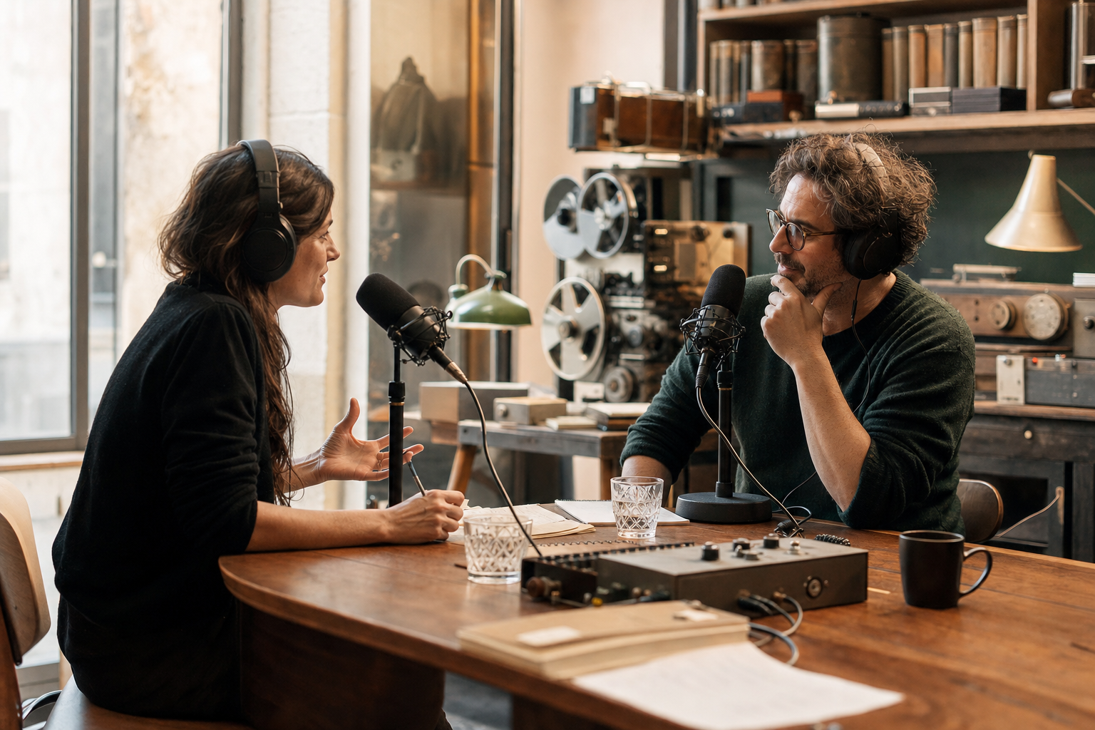 Enregistrement d'un podcast en cabine insonorisée avec micro à large membrane