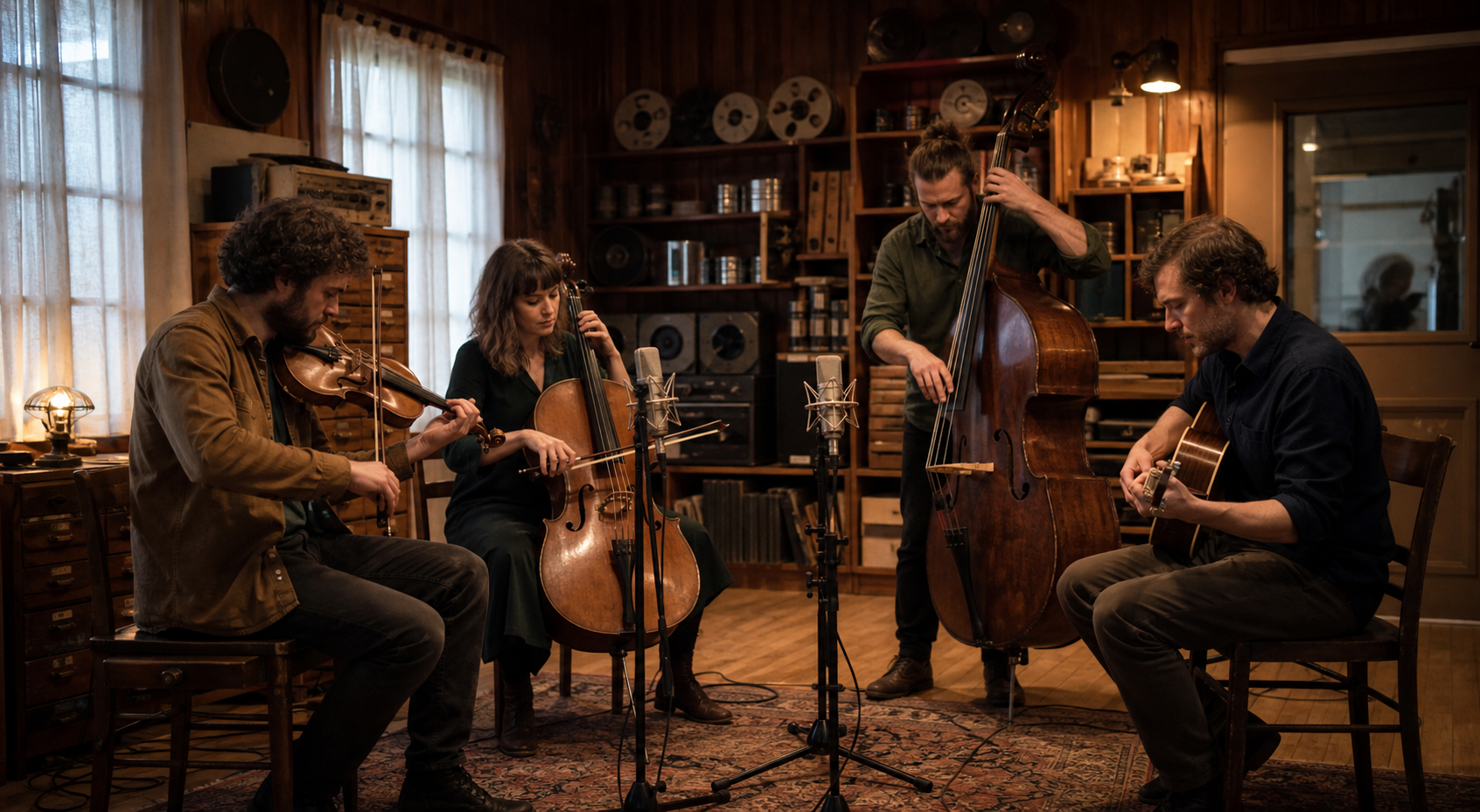 Groupe de musiciens en session d'enregistrement studio avec micros professionnels